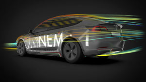 side view of a Model 3 with streams of air flowing around the bodywork